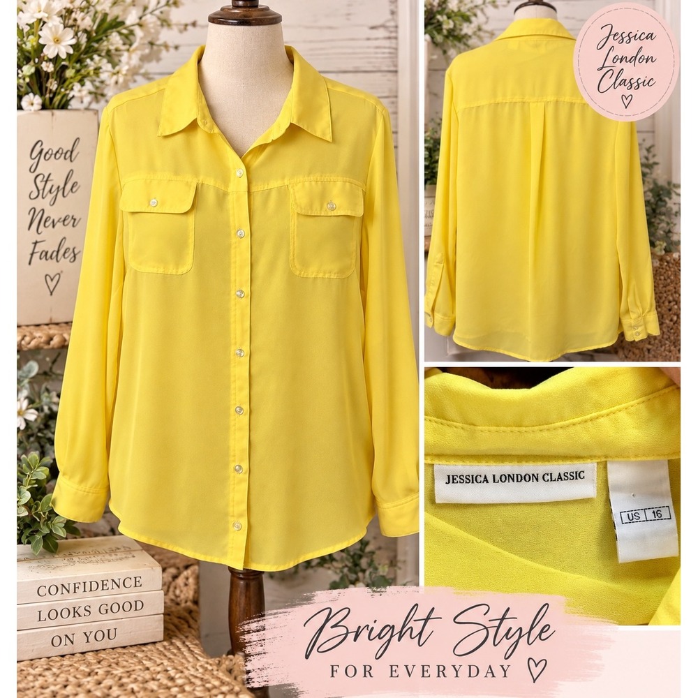 Jessica London Classic Yellow Button Down Blouse Long Sleeve Pockets Size 16